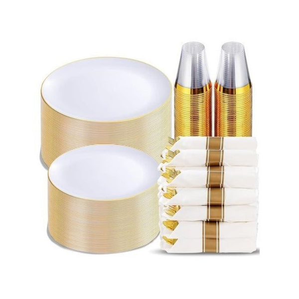 350 Piece White and Gold Plates Disposable Dinnerware Set