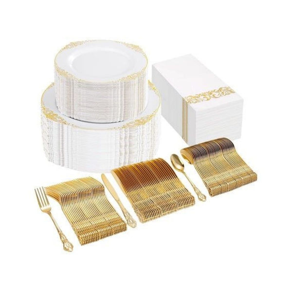 300 Piece White & Gold Disposable Dinnerware Set With Napkins