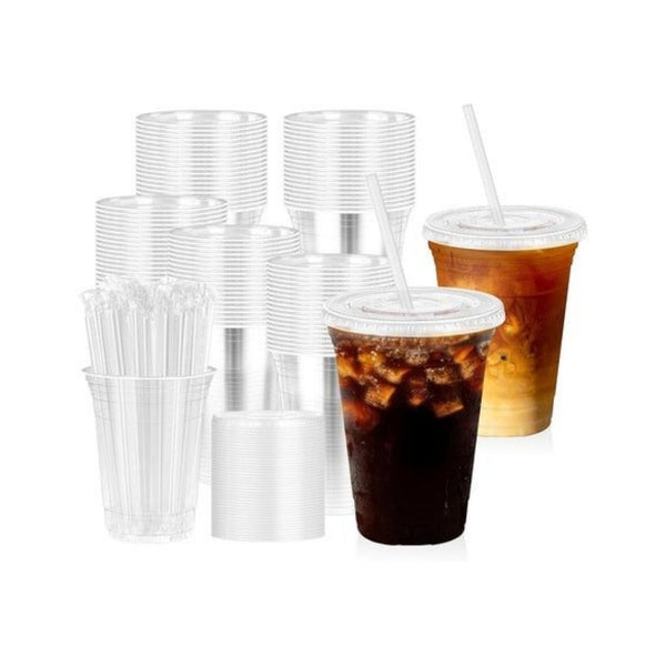 100 Clear Plastic Cups with Lids & Straws