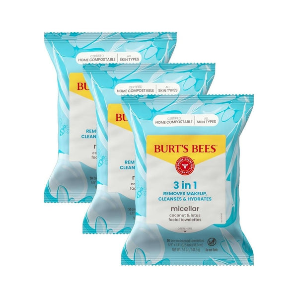 3 Packs Of Burt’s Bees Coconut & Lotus Micellar Makeup Remover & Facial Cleansing Towelettes