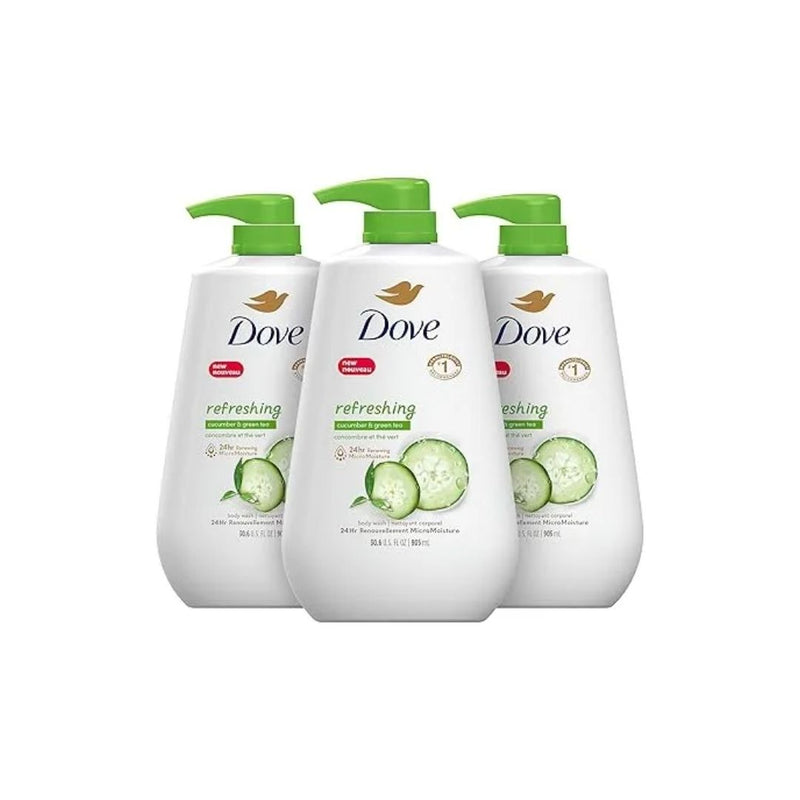 3 Bottles of Dove Body Wash with Pump Refreshing Cucumber and Green Tea
