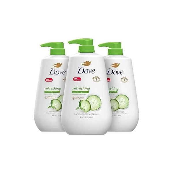3 Bottles of Dove Body Wash with Pump Refreshing Cucumber and Green Tea