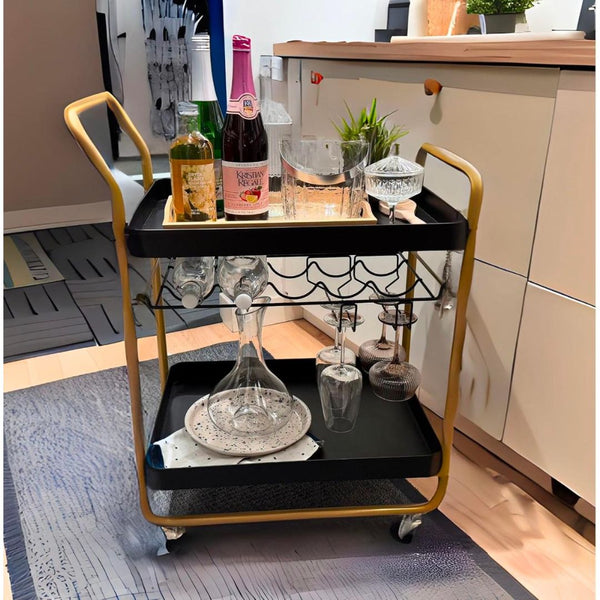 Modern Rolling Bar Cart with Wine Rack & Glass Holder