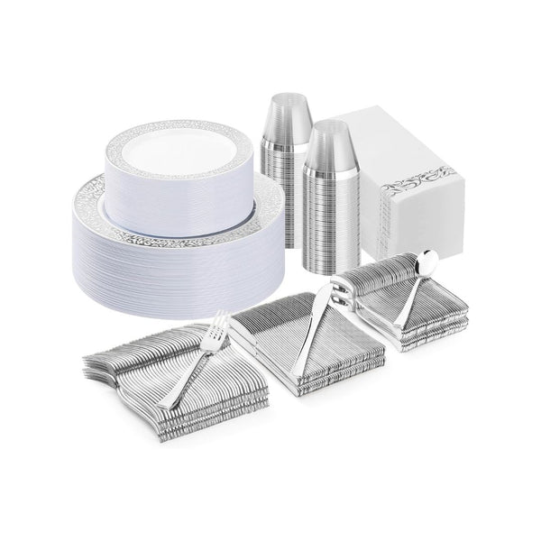 350 Pcs Silver Plastic Disposable Dinnerware Set