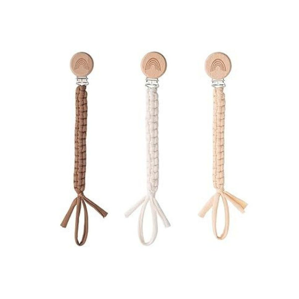 3-Pk Pacifier Clip, Wooden Clips, Handmade Braided Cotton
