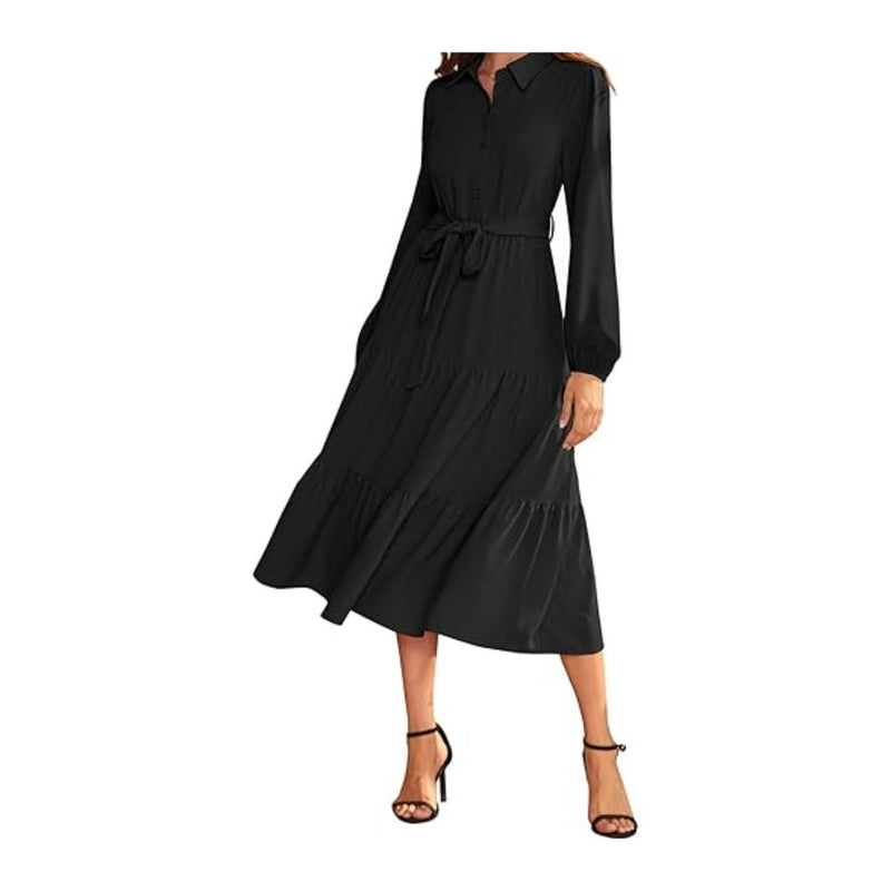 Women Button Down A-line Tiered Flowy Maxi Dress (3 Colors)