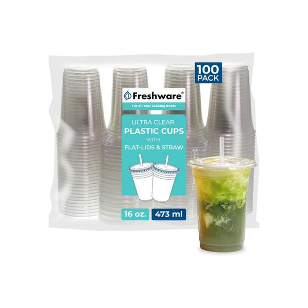 100-Pack Freshware Disposable Plastic Cups with Lids and Straws