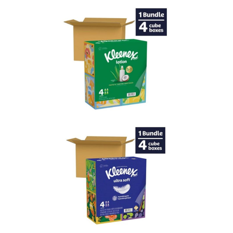 4 Cube Boxes of Kleenex Lotion or Ultra Soft Tissues