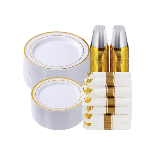 350 Pcs Gold Plastic Dinnerware Set