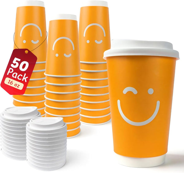 50 16oz Disposable Double Walled Coffee Cups with Lids