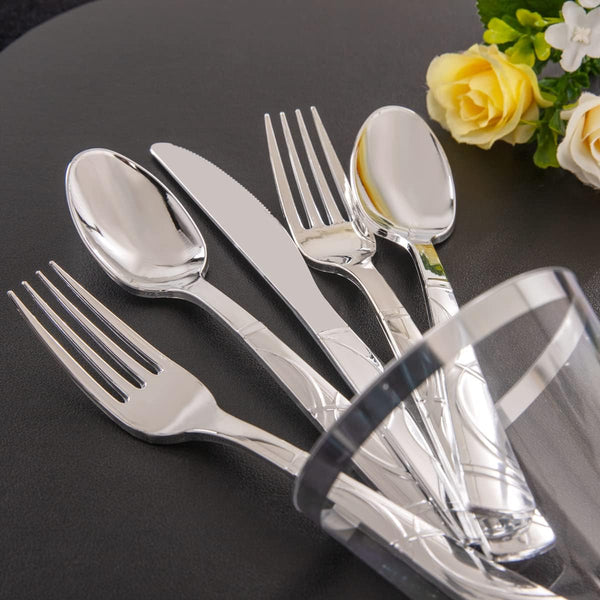 120-Pcs Silver or Rose Gold Plastic Cutlery Sets