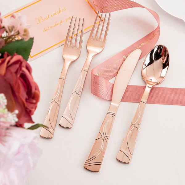 120-Pcs Rose Gold Plastic Cutlery Set