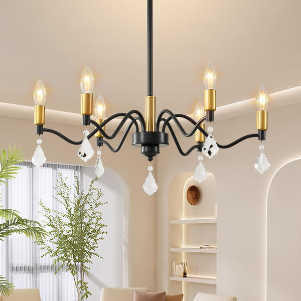 6-Light Black and Gold Chandelier with Crystal Decoration