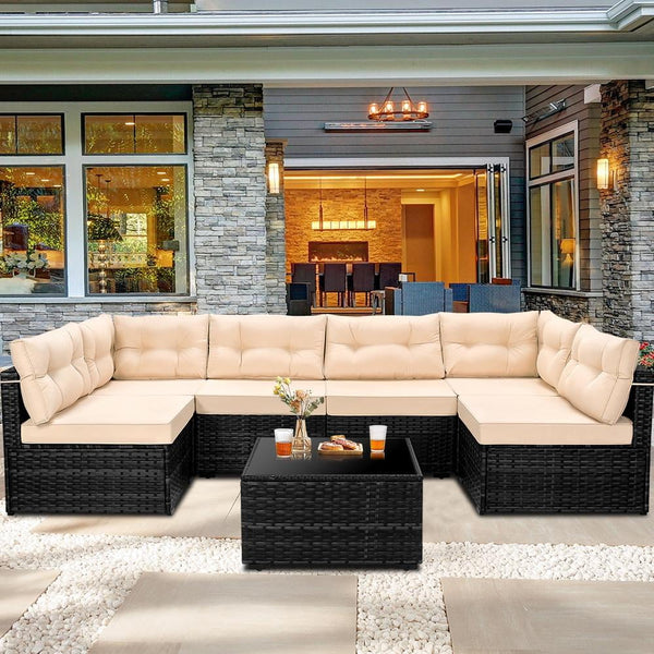 7 Piece All-Weather Wicker Rattan Sectional Sofa Set with Cushions & Coffee Table