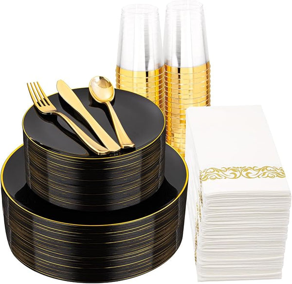 700 Piece Black And Gold Plastic Dinnerware
