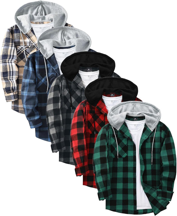 Pack of 5 Men's Flannel Plaid Hooded Button-Down Shirts