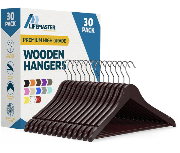30 Pack Wooden Non-Slip Space-Saving Hangers