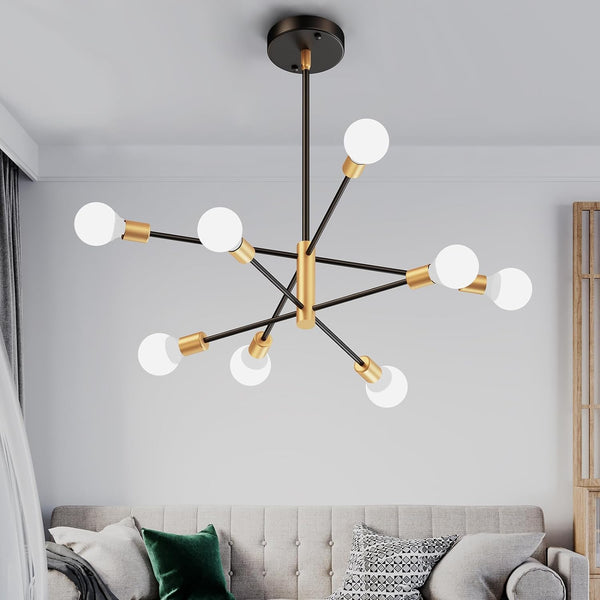 8-Light Modern Black and Gold Sputnik Ceiling Light Fixture