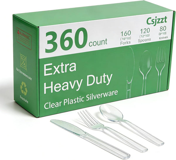 360-Piece Heavy Duty Clear Plastic Silverware Set