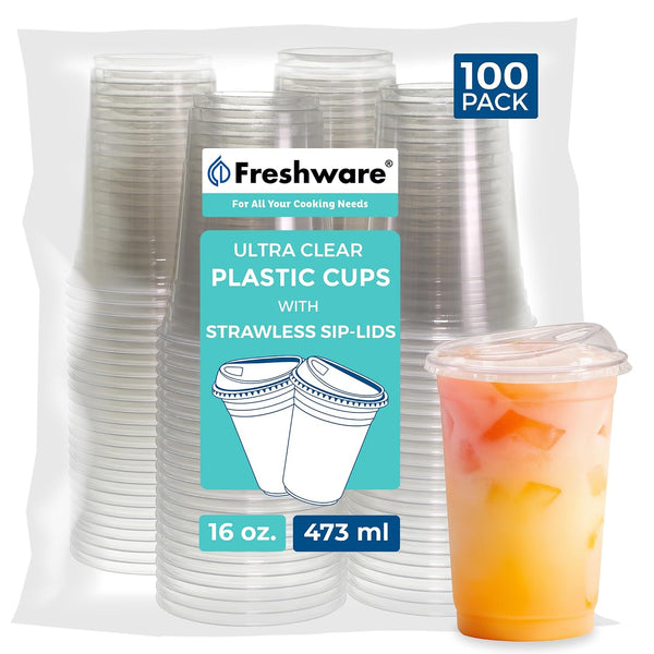 100-Pack Freshware Clear Plastic Cups with Strawless Sip Lids