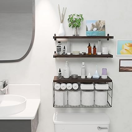 3-Tier Wall Mounted Floating Shelf Set With Adjustable Basket