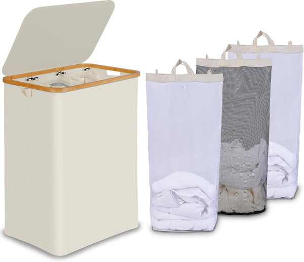 3 Section Laundry Hamper with Lid and Removable Bags