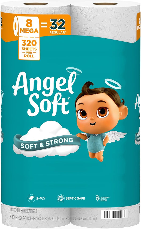 8 Mega Rolls Angel Soft Toilet Paper Bulk Bathroom Tissue