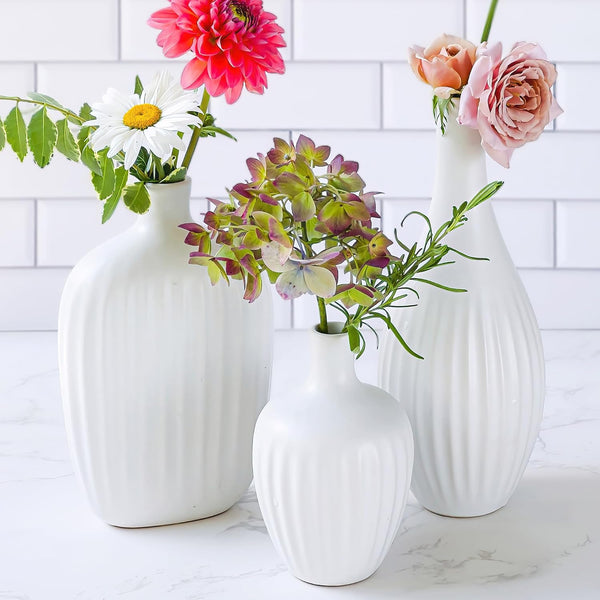 Set of 3 Textured Ceramic Minimalist White Flower Vases