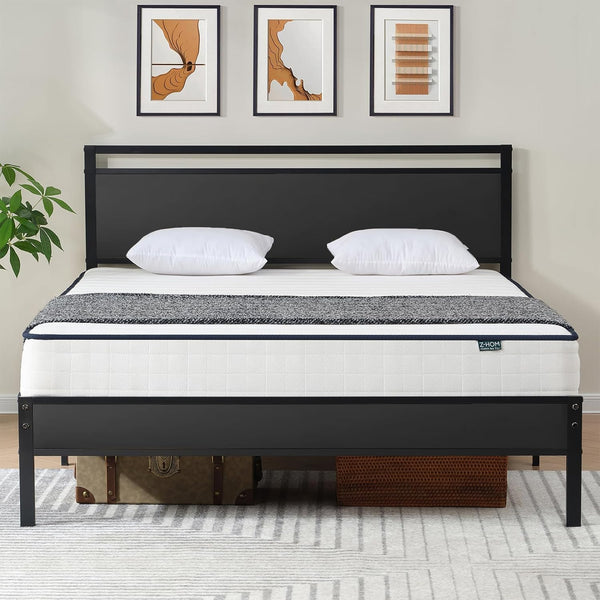 Twin Metal Bed Frame with Modern Wood Headboard
