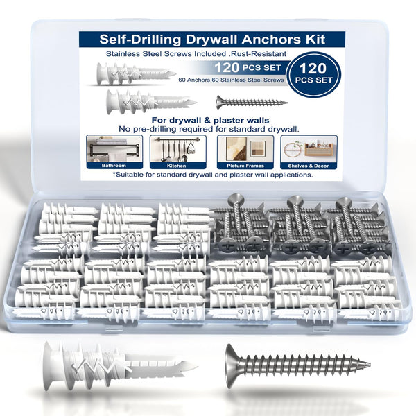 120-Piece Self-Drilling Drywall Anchors and Screws Kit