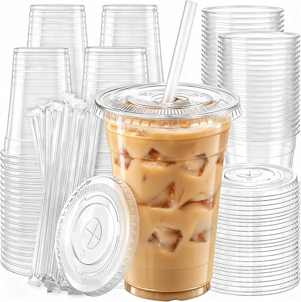 100-Pack 16oz Clear Plastic Cups with Lids and Straws