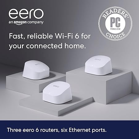 Amazon eero 6 mesh wifi system – Supports speeds up to 900 mbps, Coverage up to 4,500 sq. ft., Connect 75+ Devices (3 routers)