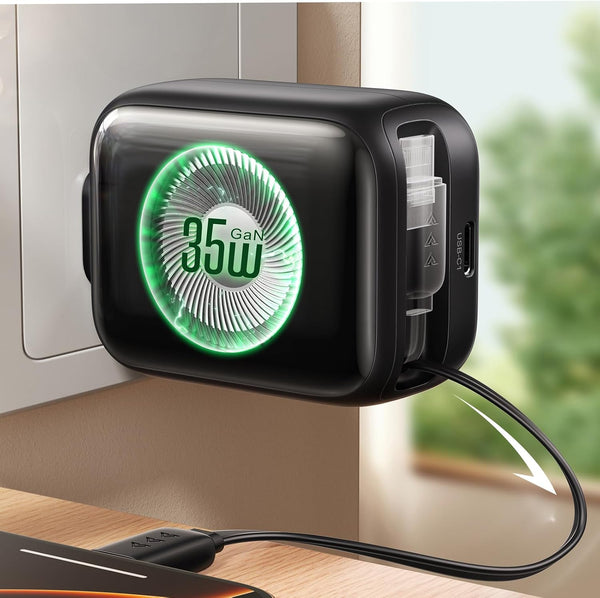 35W USB C Retractable Dual Port Fast Charger Block