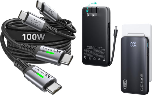 INIU 10,000mAh 45W Power Bank With Built-In Wall Plug & 2 100W USB-C Cables