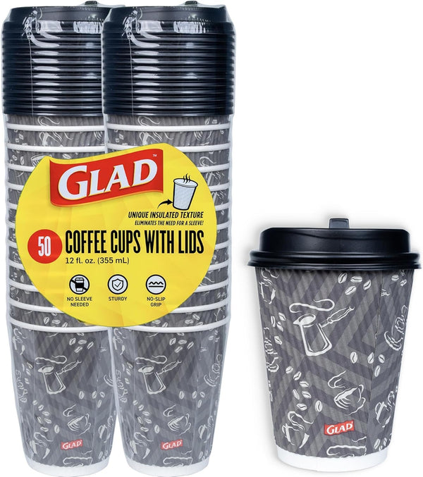 100 12oz Glad Disposable Coffee Cups With Lids