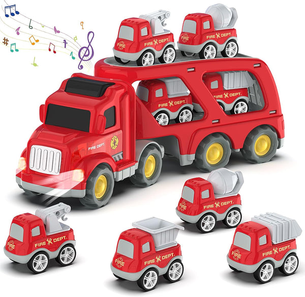 Fire Truck Carrier with 4 Pull-Back Rescue Vehicles