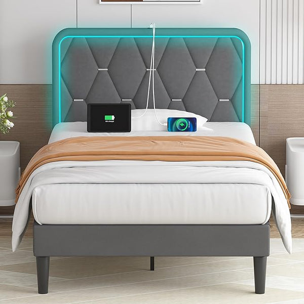 Upholstered Twin Bed Frame with LED and Charging Station