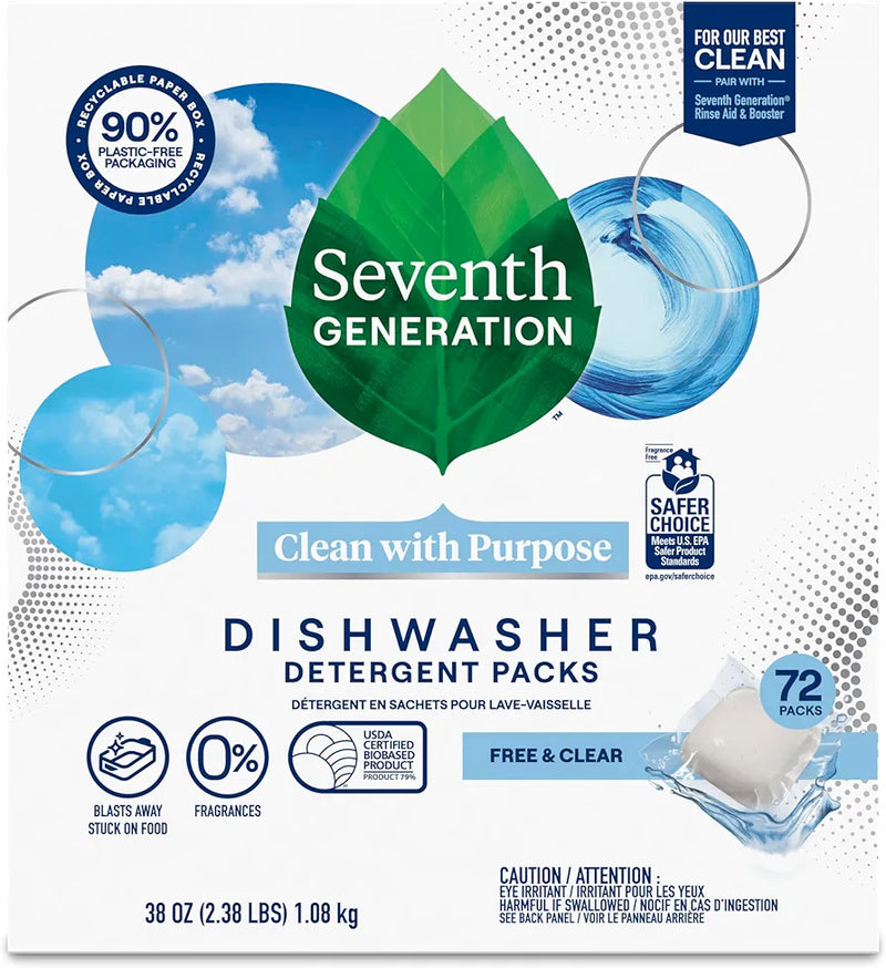 72-Count Seventh Generation Dishwasher Detergent Packs for sparkling dishes Free & Clear Dishwasher Tabs