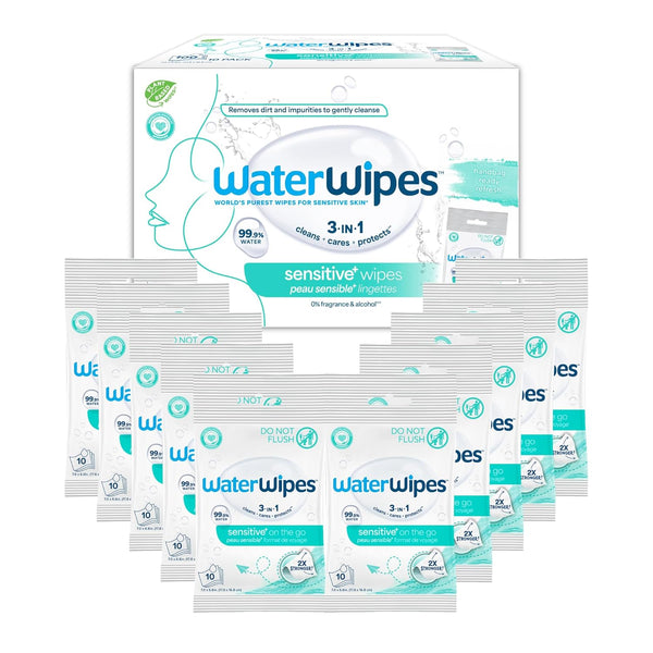 10 Packs Of 10 WaterWipes Beauty Sensitive+ Facial Wipes