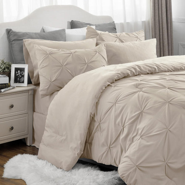 Bedsure King Size 7 Piece Pintuck Bed in a Bag Beige Bed Set