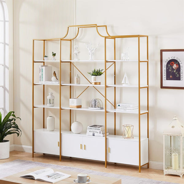 Triple Wide 4 Tiers Modern Bookcase Bookshelf with Storage Cabinet
