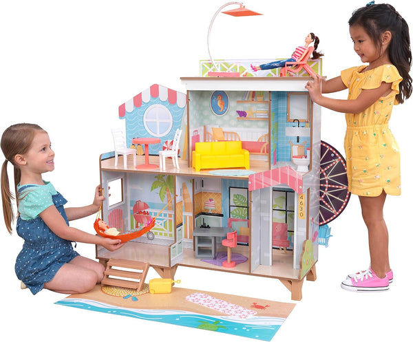 KidKraft Ferris Wheel Fun Beach House Wooden 360-Play Dollhouse with 19 Accessories