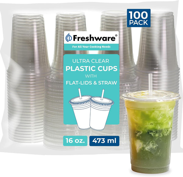 100 Pack Disposable 16 Oz Plastic Cups with Lids