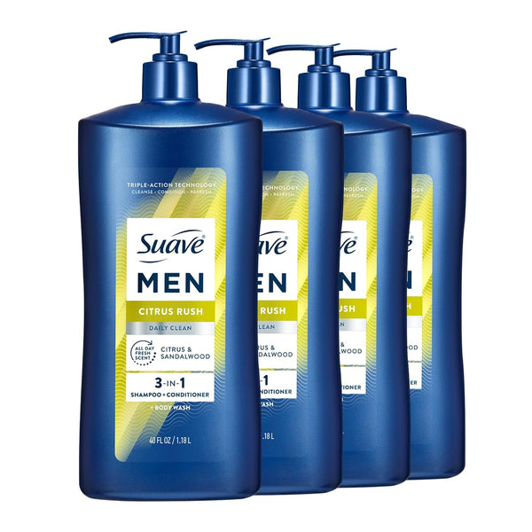 4-Pack Suave+ Men Citrus Rush 3 in 1 Shampoo