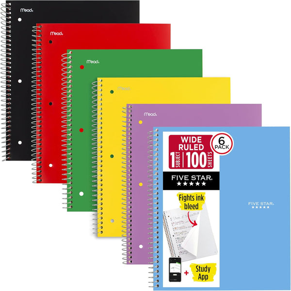 6 Pack Five Star Spiral Notebook + Study App