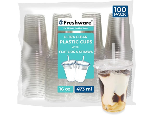 100-Pk Freshware 16 oz Plastic Cups with Flat Lids and Straws