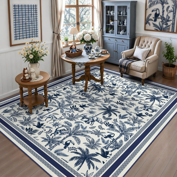 Washable French Country Toile 5x7 Area Rug