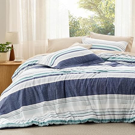 Bedsure Striped Blue 3 Piece Set Comforter 3 Piece Set, Queen