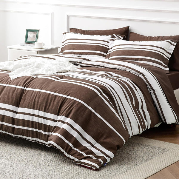 Bedsure Full Size 7-Piece Brown White Striped Bed in Bag