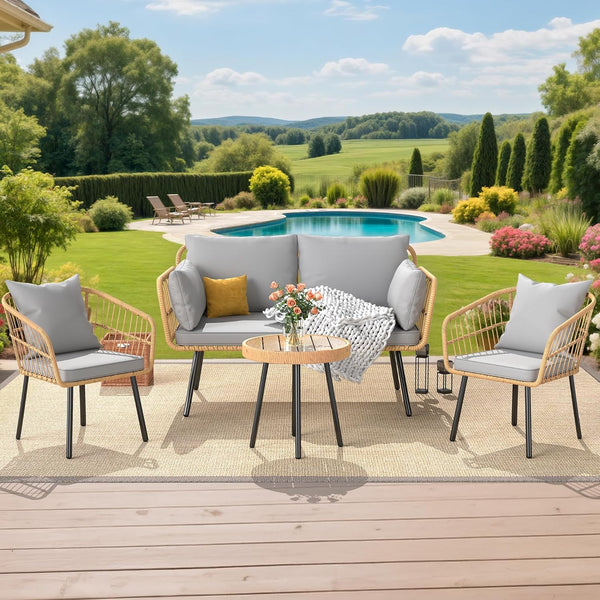 4 Piece Patio Wicker Furniture Set with Cushions